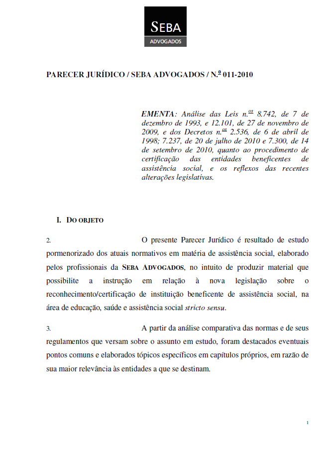 PARECER JURÍDICO SEBA ADVOGADOS N.0 011-2010